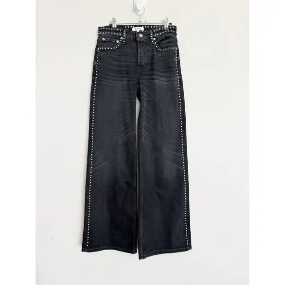 Re/Done Studded Mid Rise Wide Leg Pants - Size 26 - Washed Black - Picture 4 of 10